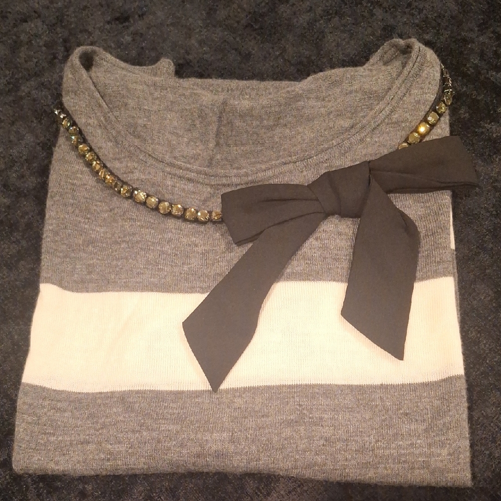Ann Taylor Loft Heather Gray & Cream Striped Sweater With Rhinestone & Bow
